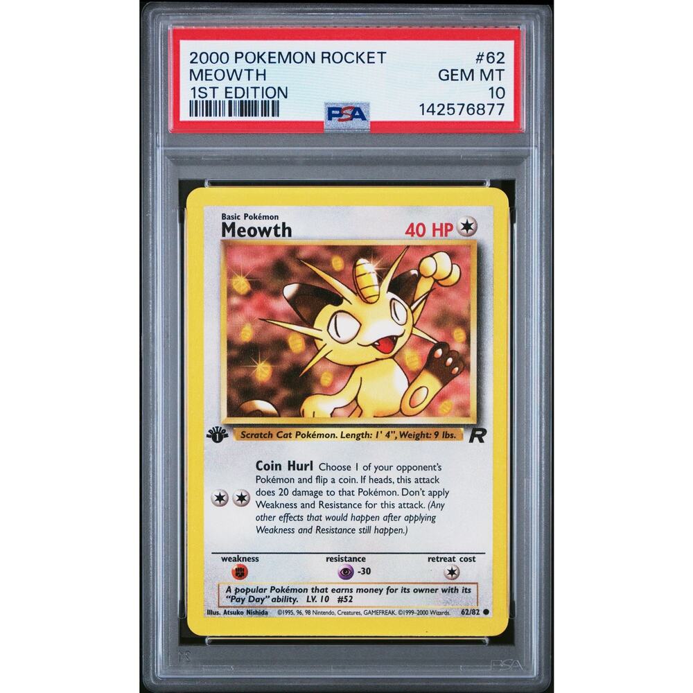 PSA 10 GEM MINT Meowth 1st Edition 62/82 Pokémon Team Rocket Non Holo Rare